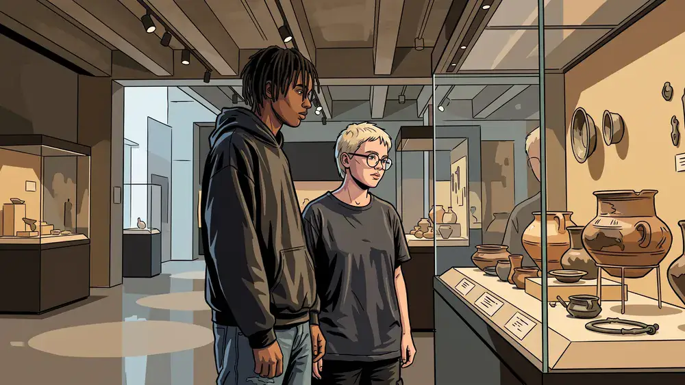Haus der Geschichte Stuttgart – Schüler betrachten Exponate in der modernen Ausstellungshalle