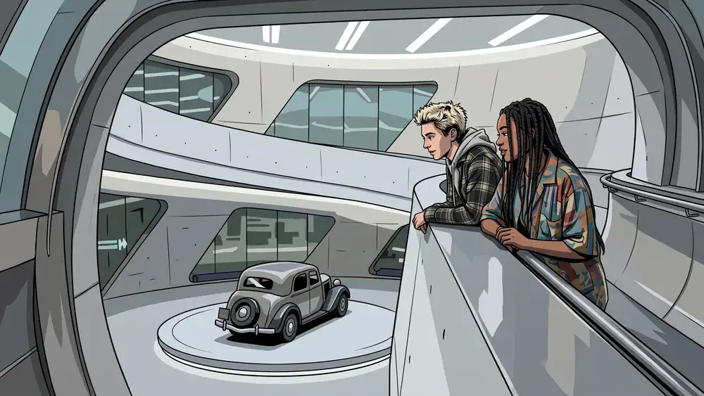 Mercedes-Benz Museum Stuttgart – Schüler bestaunen Oldtimer auf der spiralförmigen Ausstellungsrampe