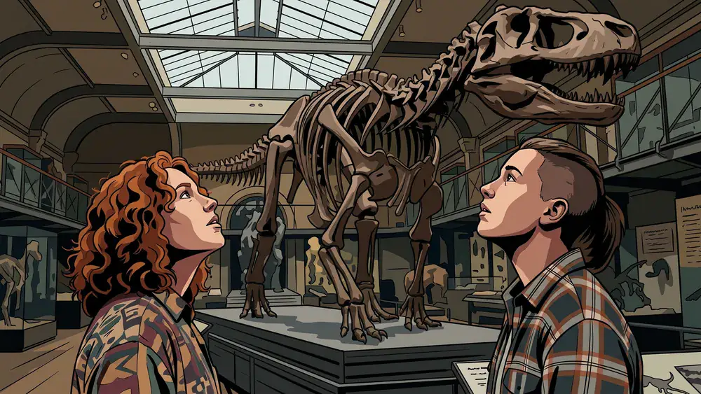 Naturkundemuseum Stuttgart – Schüler stehen staunend vor einem Dinosaurier-Skelett