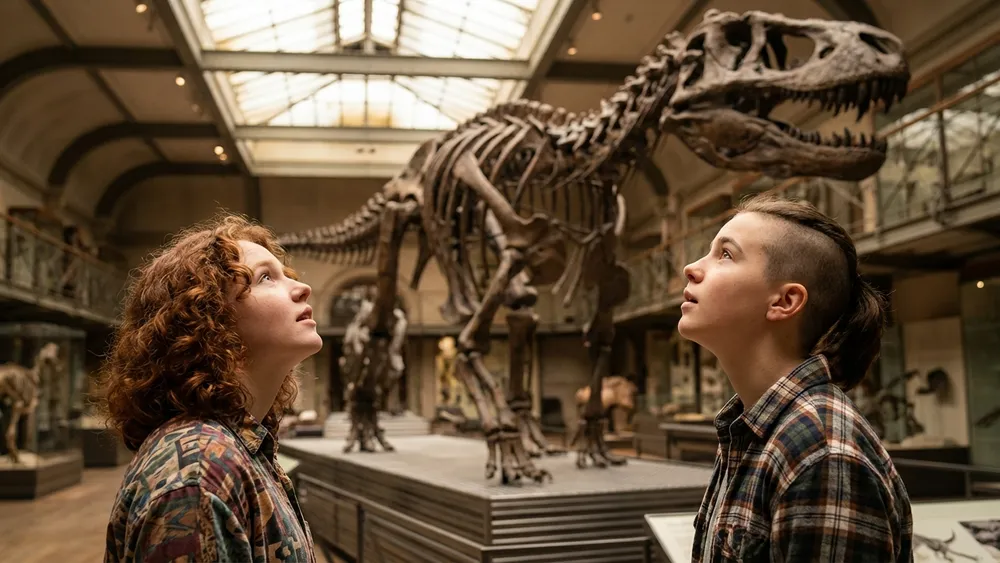 Naturkundemuseum Stuttgart – Schüler stehen staunend vor einem Dinosaurier-Skelett