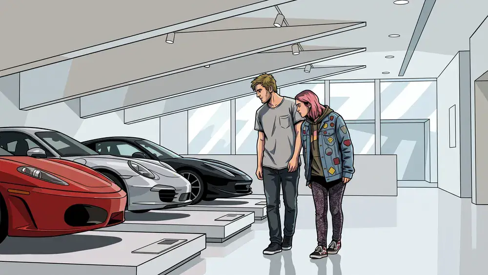 Porsche Museum Stuttgart – Schüler betrachten Sportwagen in der minimalistischen Ausstellungshalle