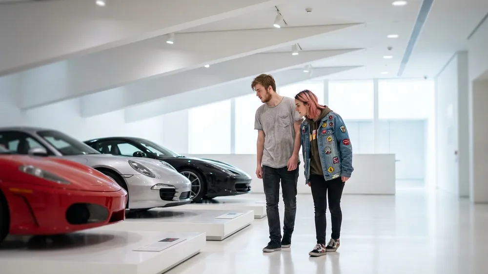 Porsche Museum Stuttgart – Schüler betrachten Sportwagen in der minimalistischen Ausstellungshalle