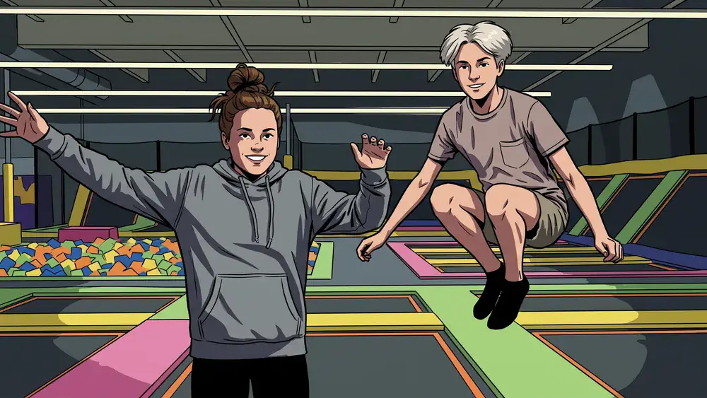 Sprungbude Stuttgart – Schüler springen auf Trampolinen im bunten Indoor-Park