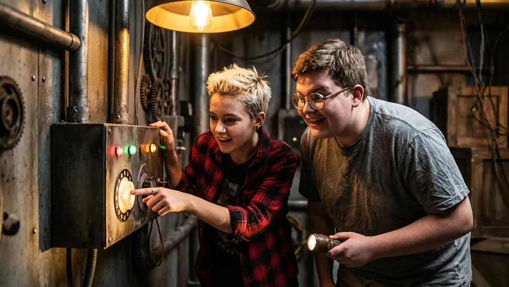 TeamEscape Stuttgart – Schüler lösen gemeinsam Rätsel an einem Kontrollpanel im Escape Room