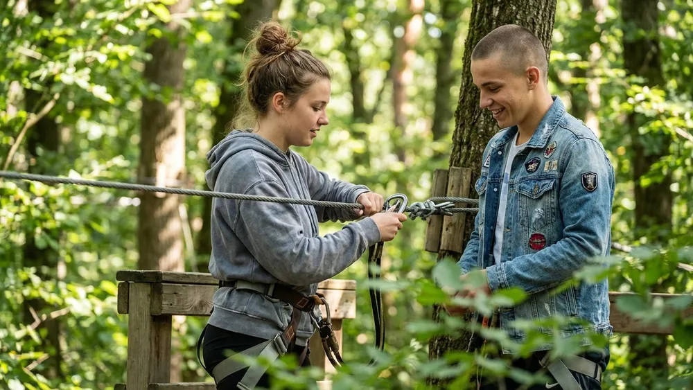 Waldklettergarten Stuttgart – Schüler klettern gesichert zwischen Baumwipfeln