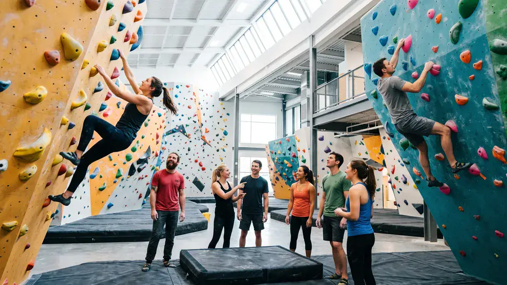VELS Boulderhalle in Stuttgart – Kollegen bouldern an bunten Kletterwänden in heller Halle