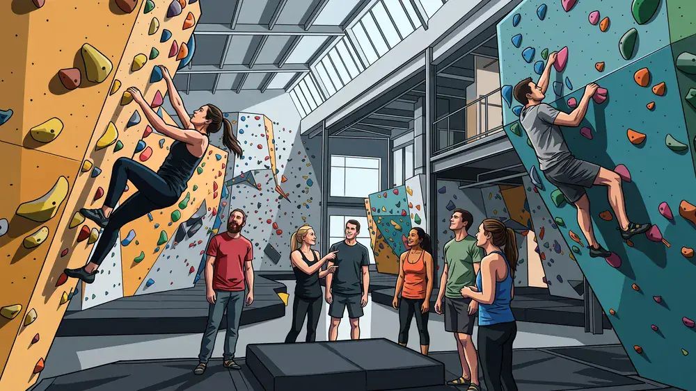 VELS Boulderhalle in Stuttgart – Kollegen bouldern an bunten Kletterwänden in heller Halle