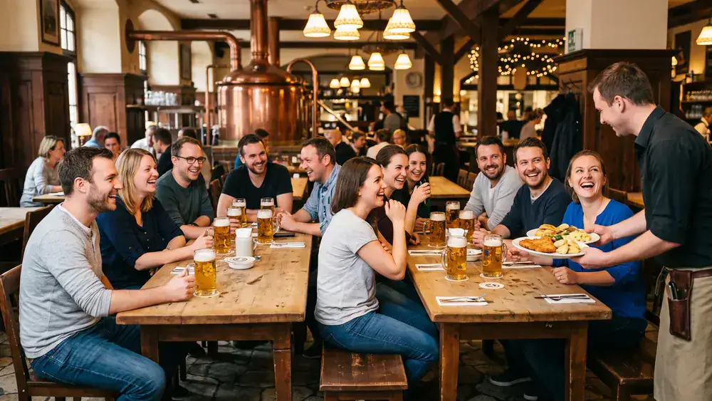 Brauhaus in Stuttgart – Kollegen sitzen an langen Tischen mit Hellbier und schwäbischen Spezialitäten