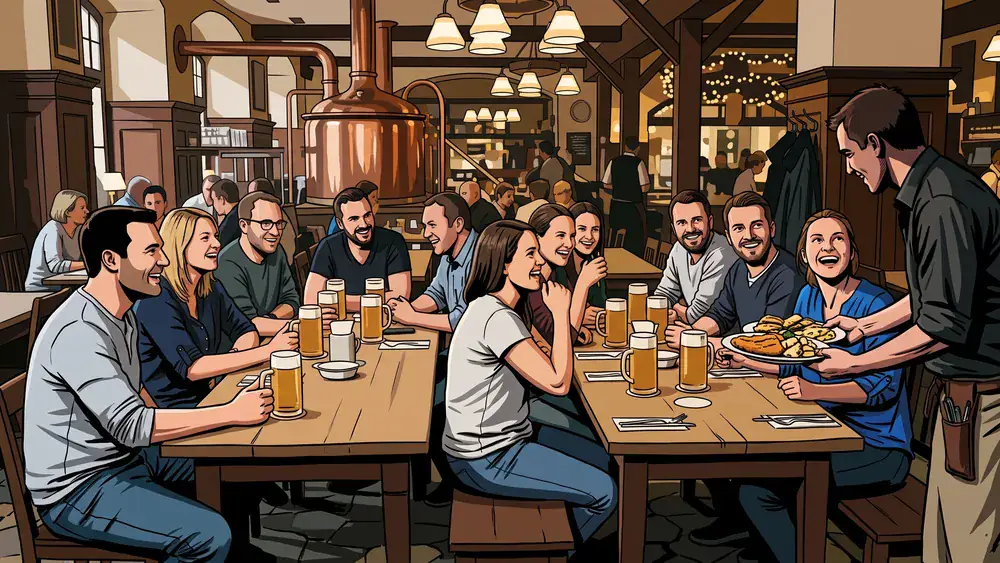 Brauhaus in Stuttgart – Kollegen sitzen an langen Tischen mit Hellbier und schwäbischen Spezialitäten
