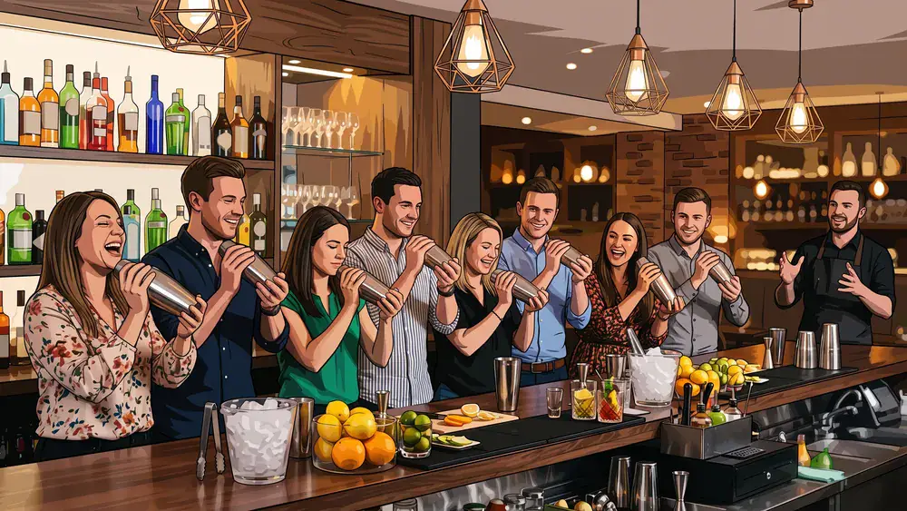 Cocktailkurs in Stuttgart – Kollegen mixen Cocktails an einer Bar unter Anleitung im SI-Centrum