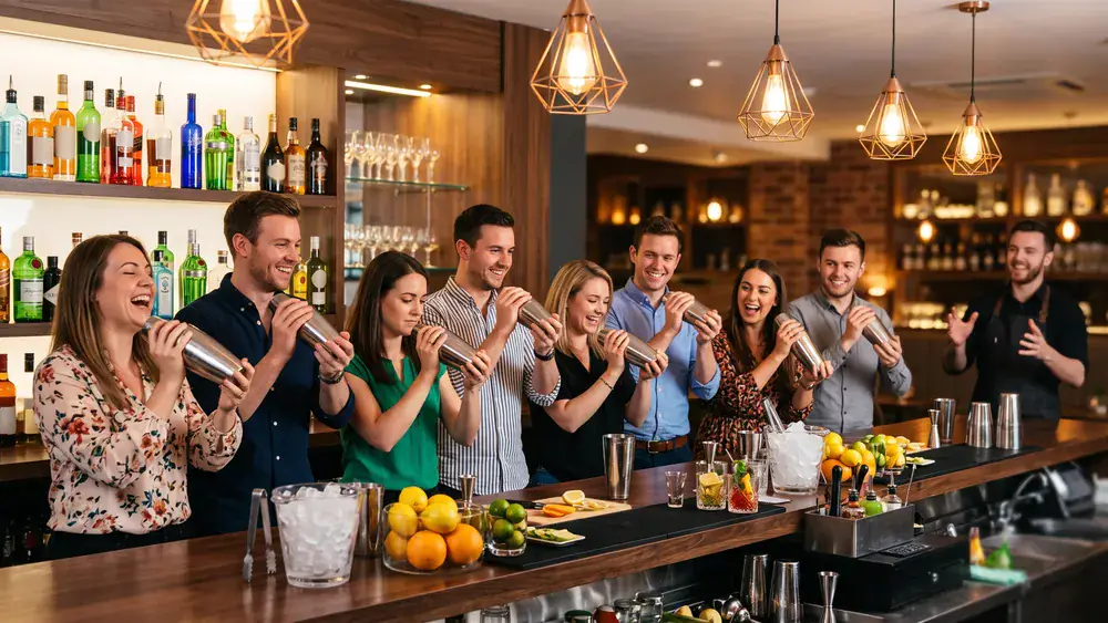 Cocktailkurs in Stuttgart – Kollegen mixen Cocktails an einer Bar unter Anleitung im SI-Centrum