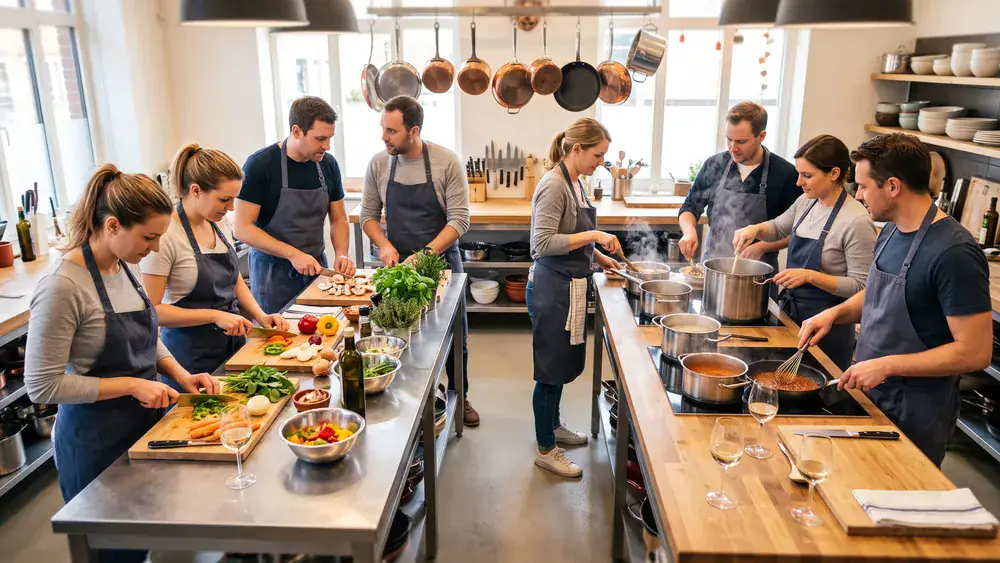 Kochkurs in Stuttgart – Kollegen kochen gemeinsam ein Weihnachtsmenü in einer hellen Kochschule in der Innenstadt