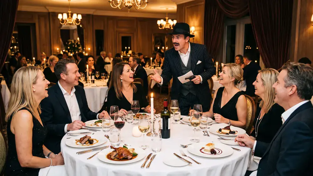 Krimidinner in Stuttgart – Kollegen verfolgen am gedeckten Tisch eine Krimi-Aufführung mit Weihnachtsmenü