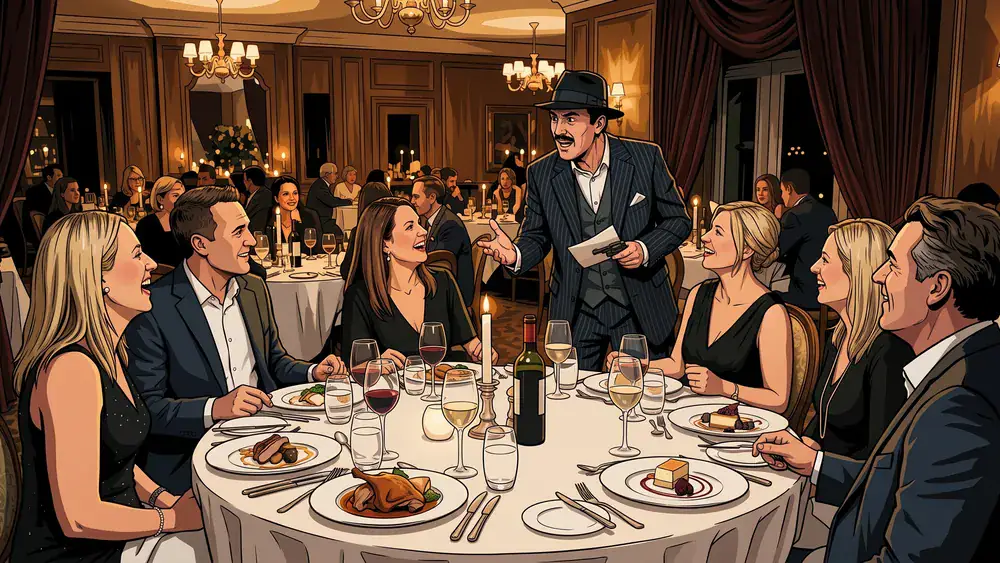 Krimidinner in Stuttgart – Kollegen verfolgen am gedeckten Tisch eine Krimi-Aufführung mit Weihnachtsmenü