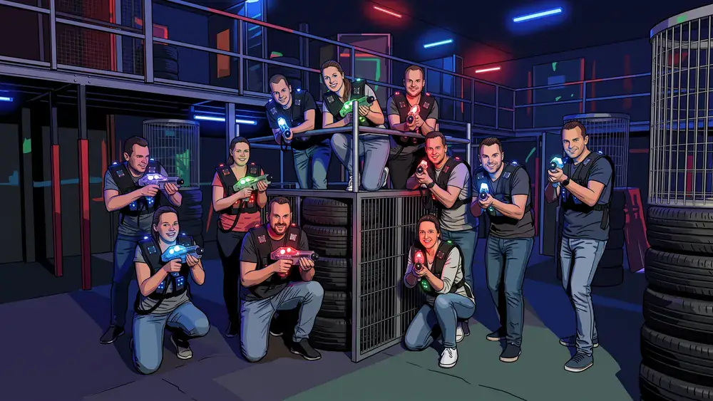 Lasertag in Stuttgart – Kollegen in Sensorwesten spielen in einer dunklen Neon-Arena