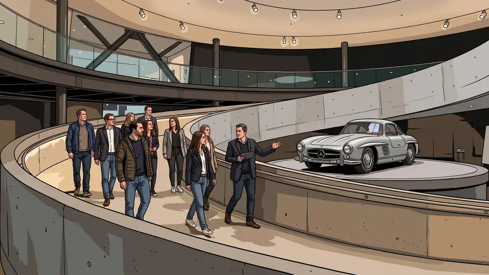 Mercedes-Benz Museum in Stuttgart – Kollegen laufen durch die spiralförmige Ausstellung mit Oldtimern