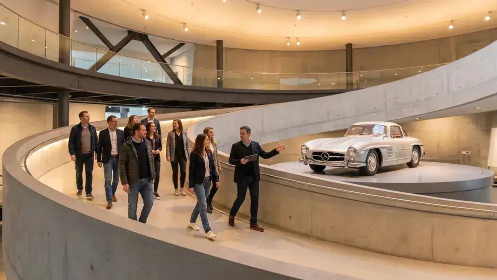 Mercedes-Benz Museum in Stuttgart – Kollegen laufen durch die spiralförmige Ausstellung mit Oldtimern