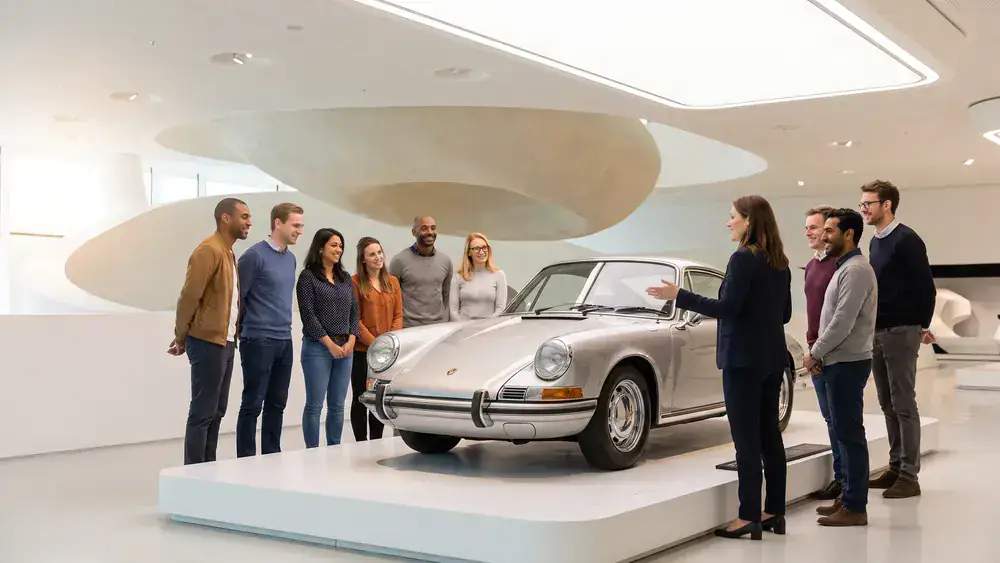 Porsche Museum in Stuttgart – Kollegen betrachten Sportwagen in futuristischer Museumsarchitektur