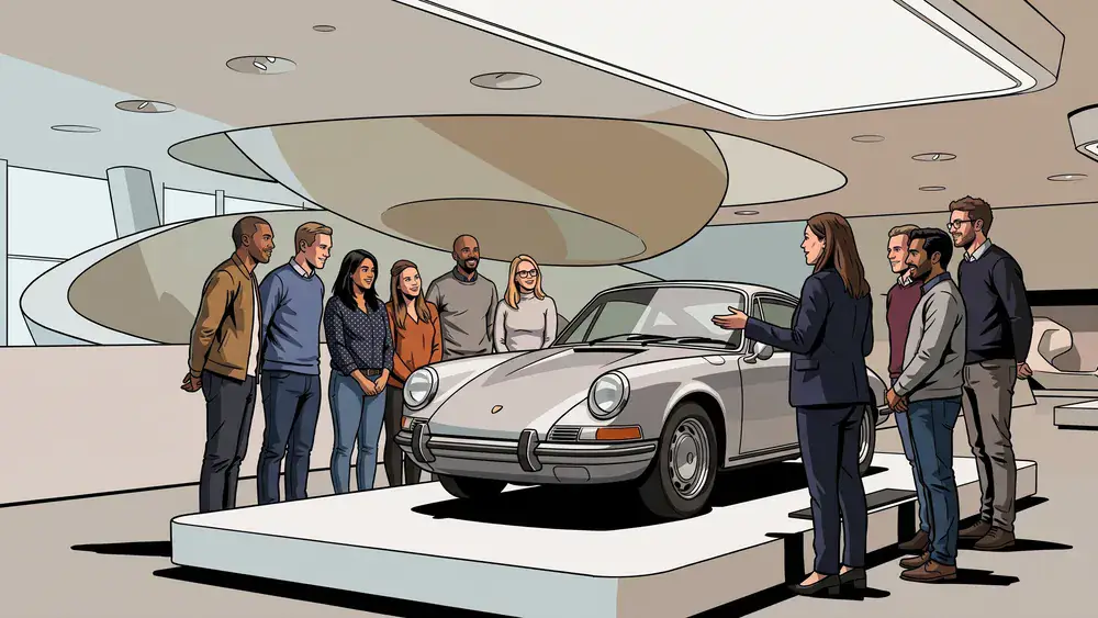 Porsche Museum in Stuttgart – Kollegen betrachten Sportwagen in futuristischer Museumsarchitektur