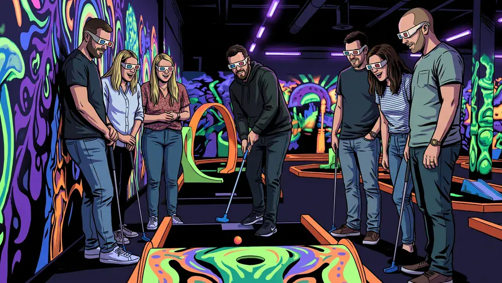 Schwarzlicht Minigolf in Stuttgart – Kollegen spielen mit 3D-Brillen Minigolf in leuchtender Neonwelt