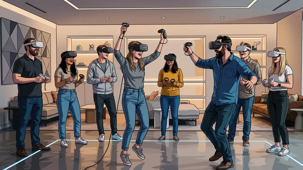 VR Lounge Stuttgart – Kollegen spielen mit VR-Brillen Multi-Player-Spiele in moderner Lounge