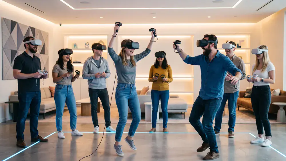 VR Lounge Stuttgart – Kollegen spielen mit VR-Brillen Multi-Player-Spiele in moderner Lounge