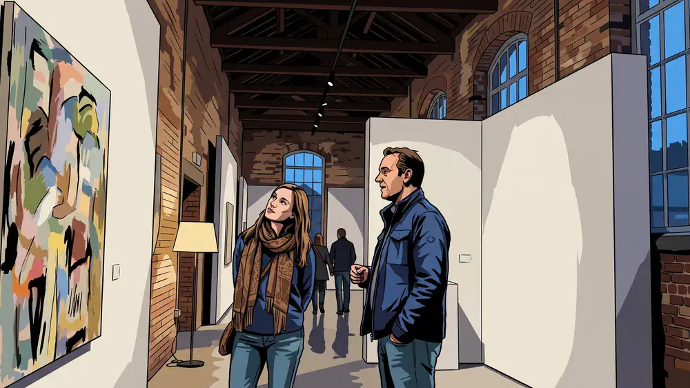 Twee bezoekers kijken samen naar een groot schilderij in De Pont in Tilburg