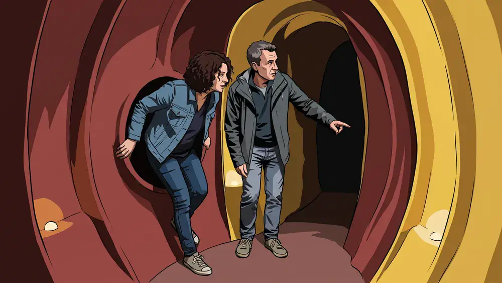 Twee bezoekers komen elkaar weer tegen in het kunstdoolhof Doloris Meta Maze in Tilburg
