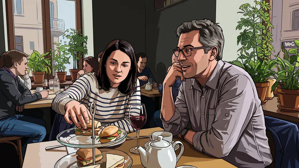 Twee mensen aan een tafel met etagère en borrelplank tijdens een high tea bij Karakter in Tilburg