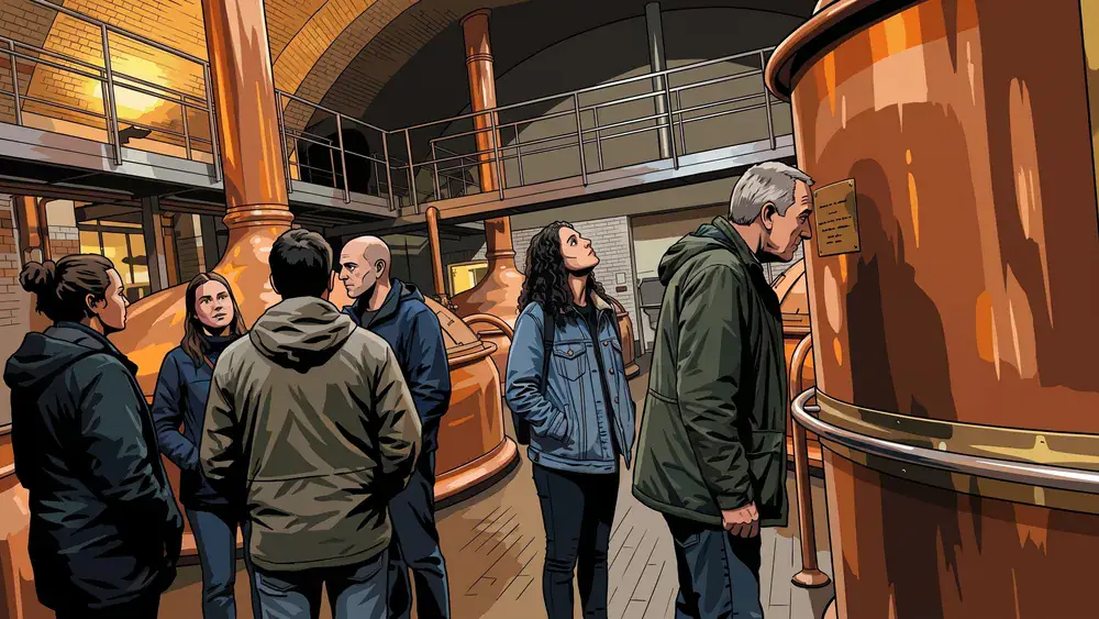 Twee bezoekers bekijken de koperen ketels in de brouwerij van La Trappe in Berkel-Enschot