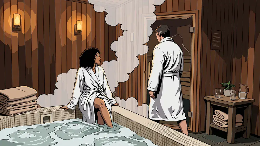 Twee mensen in badjas in een privé wellnessruimte met sauna en jacuzzi in Tilburg