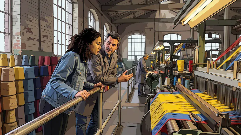 Twee bezoekers kijken naar een draaiende weefmachine in het TextielMuseum in Tilburg