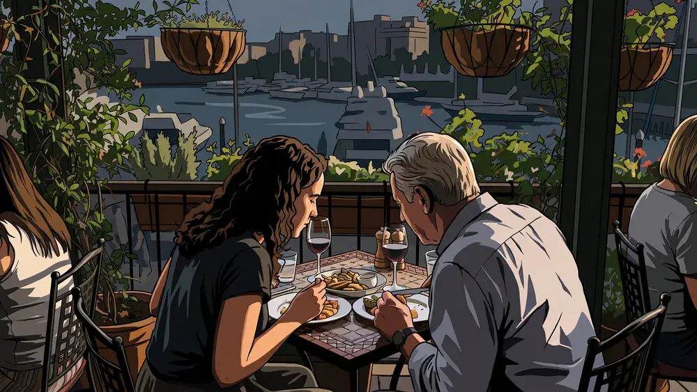 Twee mensen eten samen op het terras van een restaurant aan de Piushaven in Tilburg