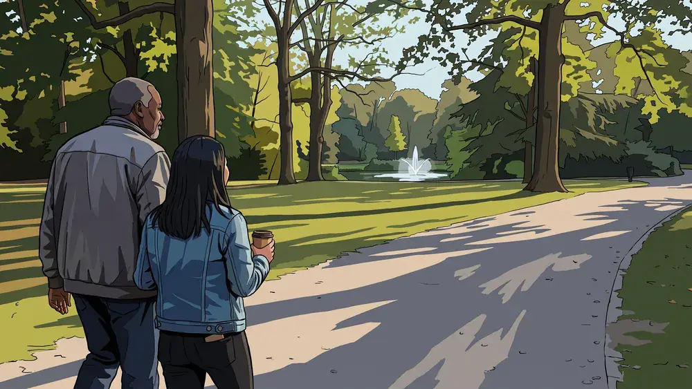 Twee mensen wandelen over een pad langs de vijver in het Wilhelminapark in Tilburg