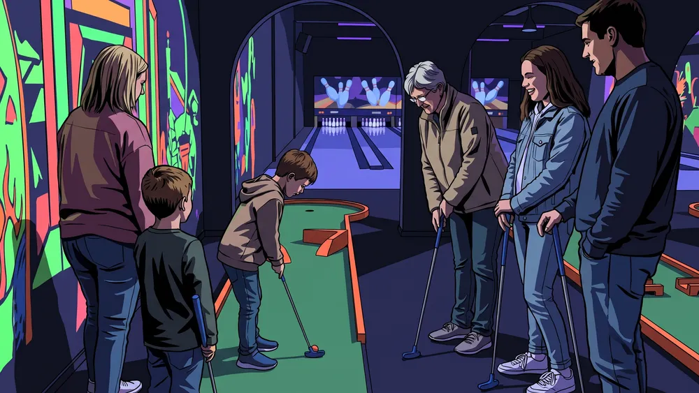Familie speelt glow minigolf bij Dolfijn in Tilburg, met de bowlingbanen op de achtergrond