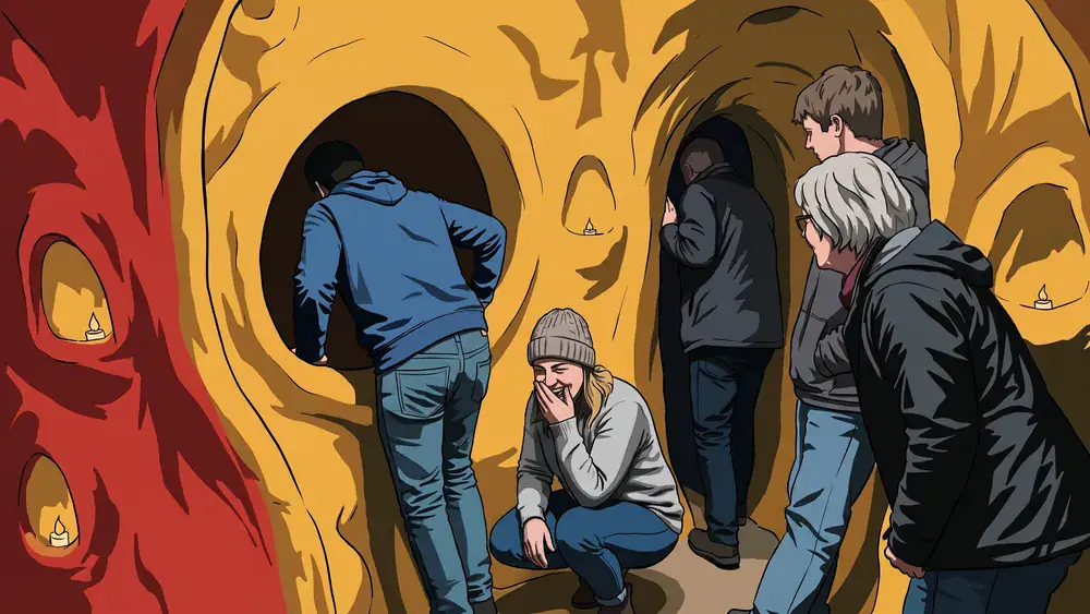 Vrienden klimmen door een kamer van kunstdoolhof Doloris Meta Maze in Tilburg