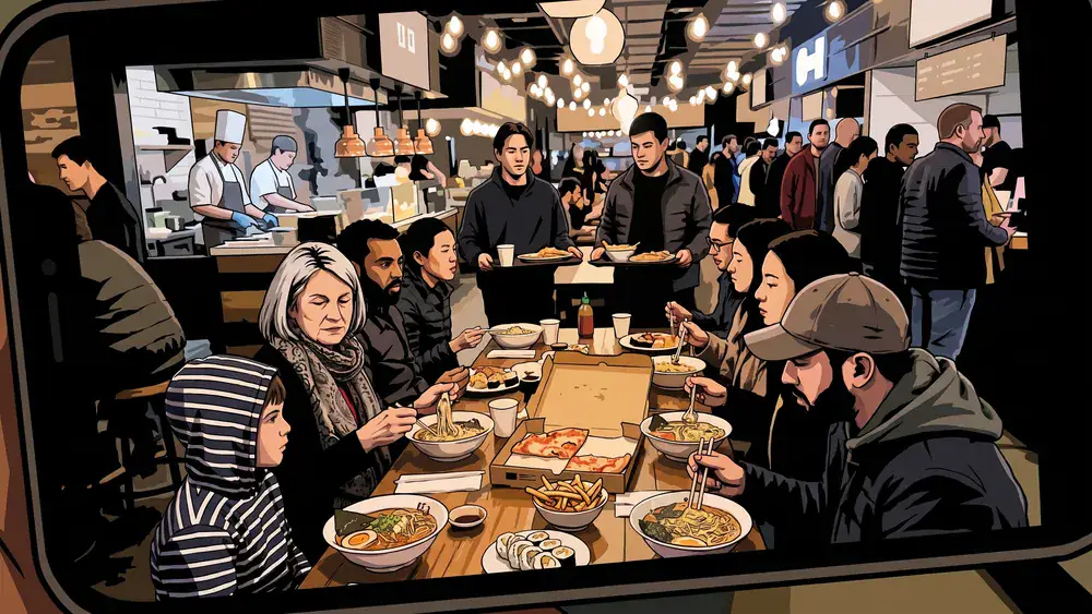 Groep vrienden en familie deelt een lange tafel met gerechten van verschillende keukens in Foodmarket Tilburg