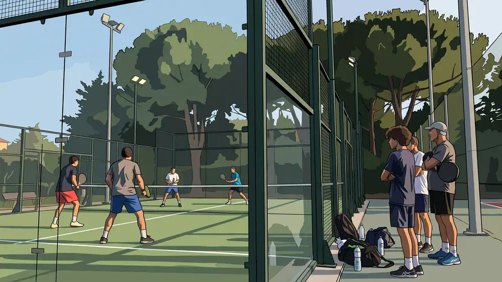 Vriendengroep speelt padel op een buitenbaan in Tilburg terwijl de rest langs de kooi wacht