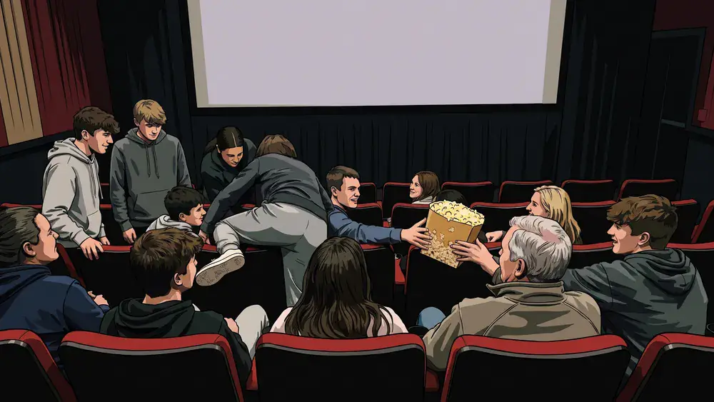 Groep vrienden en familie deelt popcorn in de bioscoopzaal van Pathé Tilburg Centrum