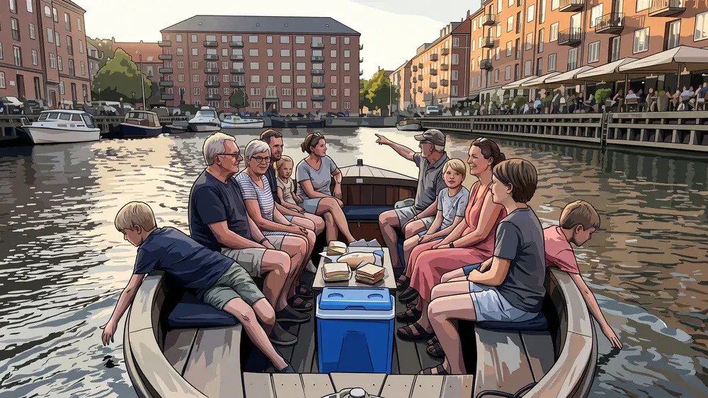 Familiegroep vaart op een open boot door de Piushaven in Tilburg