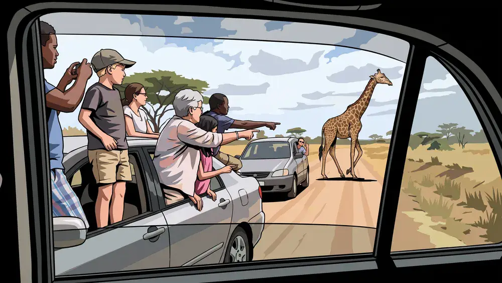 Vriendengroep spot vanuit de auto een giraffe tijdens de autosafari in Beekse Bergen