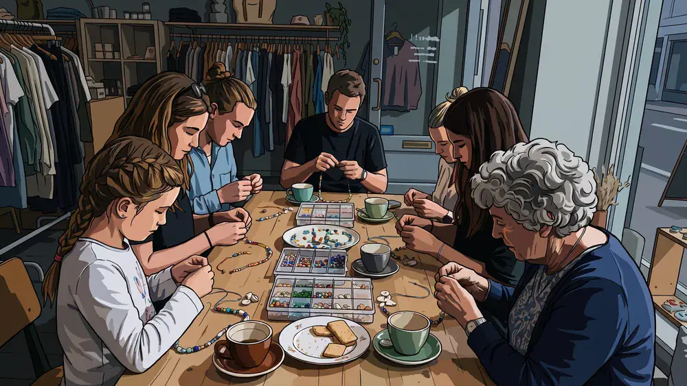 Gemengd gezelschap rijgt kralen aan één tafel tijdens de sieradenworkshop bij Tien Tilburg