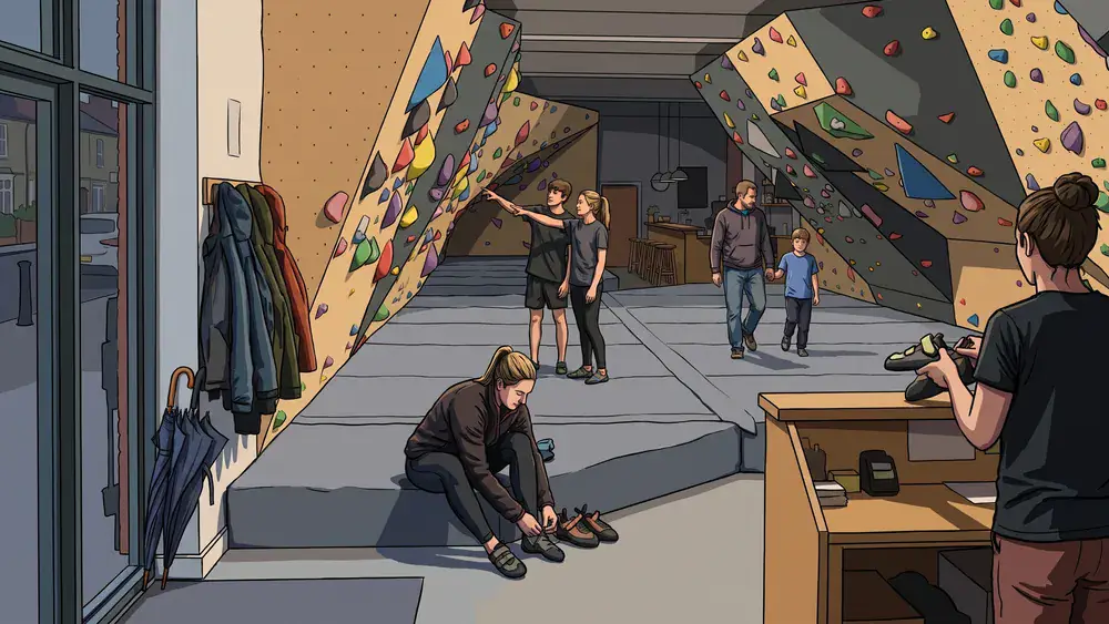 Bezoekers klimmen en huren schoenen in boulderhal Block013 in Tilburg