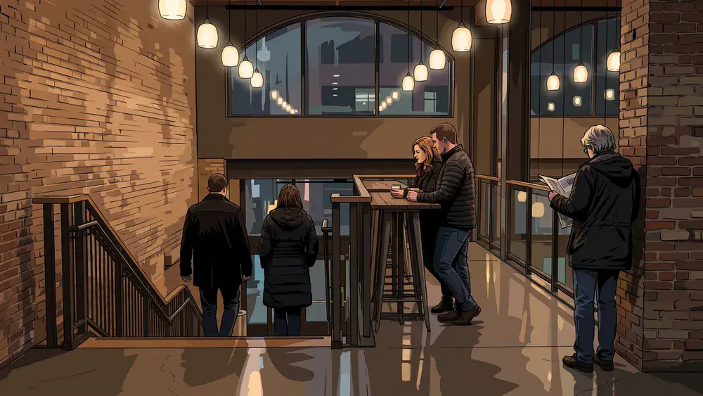 Bezoekers lopen door het atrium van filmtheater Cinecitta in Tilburg op een regenachtige avond