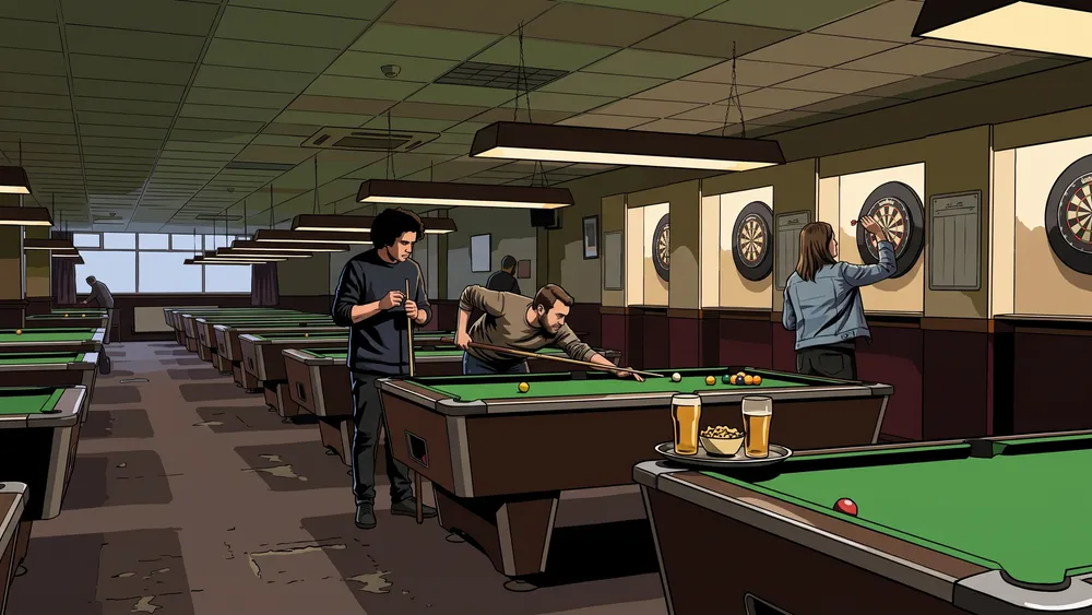 Bezoekers biljarten en darten in de grote zaal van Cues & Darts in Tilburg
