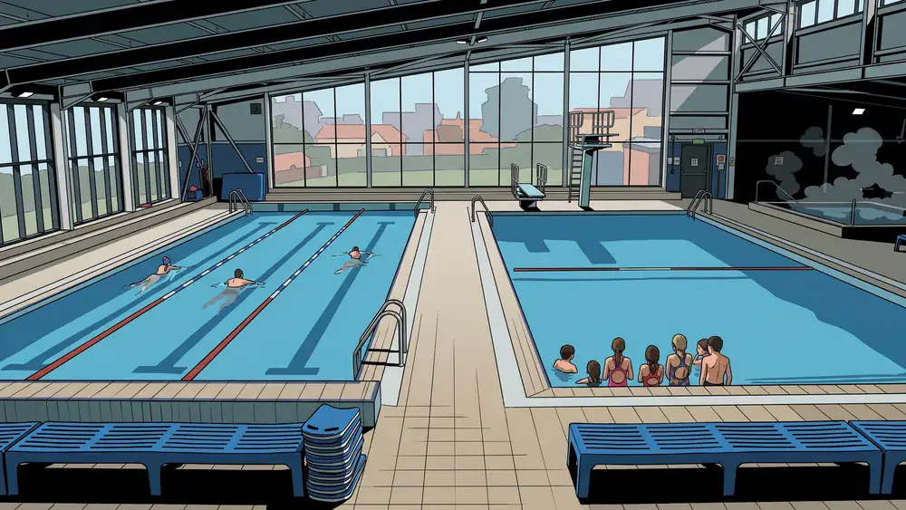 Overdekt zwembad van Sportcomplex Drieburcht in Tilburg met wedstrijdbad en duikplank