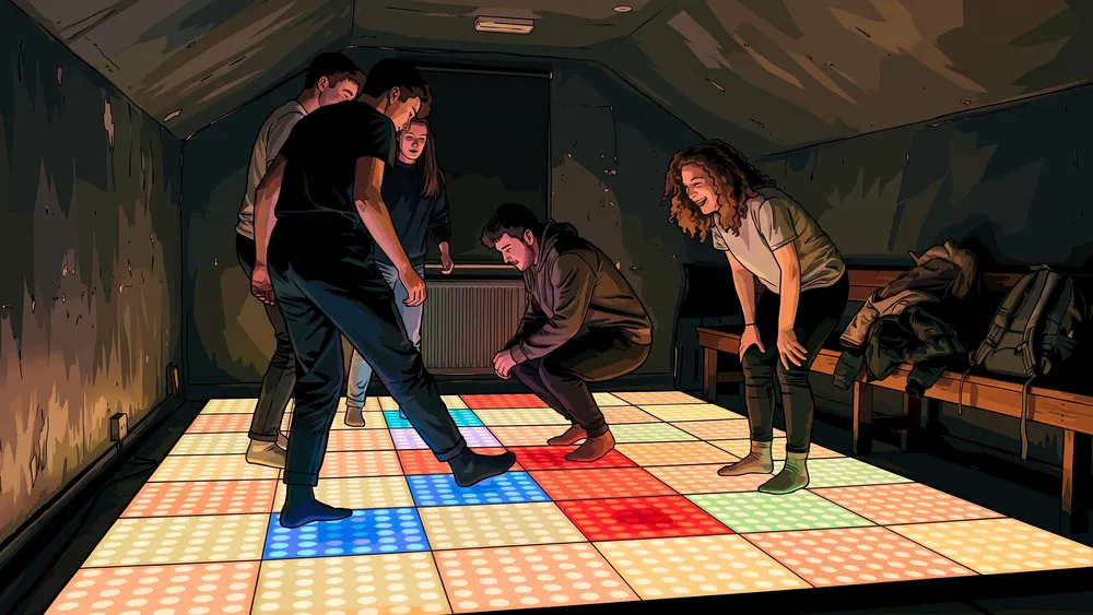 Spelers bewegen over de verlichte Pixel Play-vloer boven bij Poolcentrum 4 Friends in Tilburg