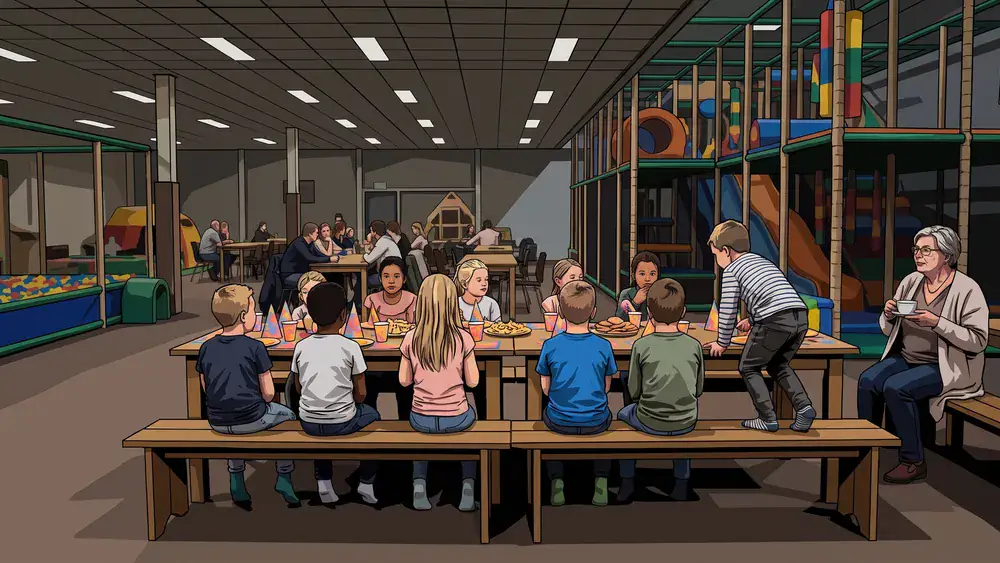 Kinderfeestje aan een gereserveerde tafel in de overdekte speeltuin Ballorig in Tilburg