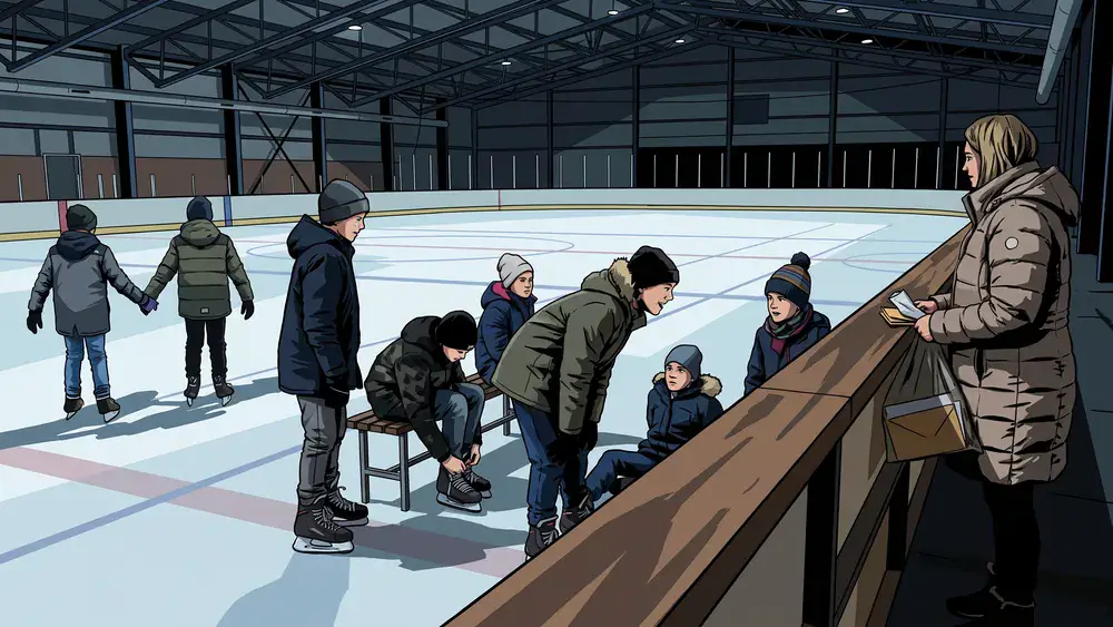 Kinderen met muts en handschoenen schaatsen bij de boarding van de overdekte Ireen Wüst IJsbaan in Tilburg