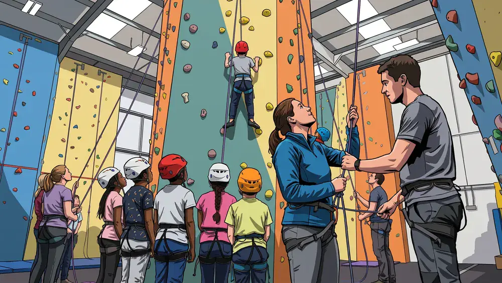 Kinderfeestje klimmen bij Neoliet Tilburg, moeder zekert terwijl een kind de wand op klimt